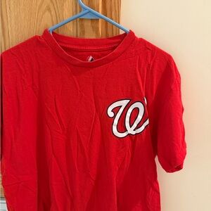 Majestic Red Short Sleeve Tee with White Emblem- Bryce Harper shirt